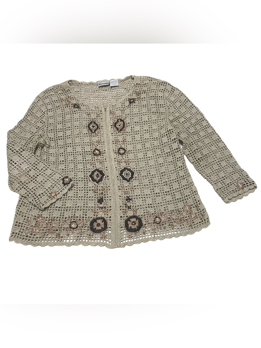 Vintage Cottagecore Crochet Taupe Cardigan with Floral Embroidery